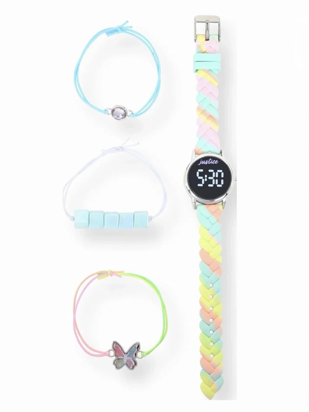 Justice Watch Set with Matching Braided Strap and Butterfly Bracelet - 4 Piece